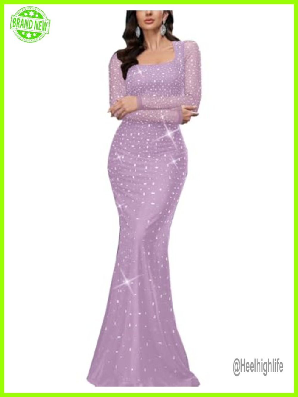 Sequin Mermaid Prom Dress Long Sleeve Rhinestone Evening Gown